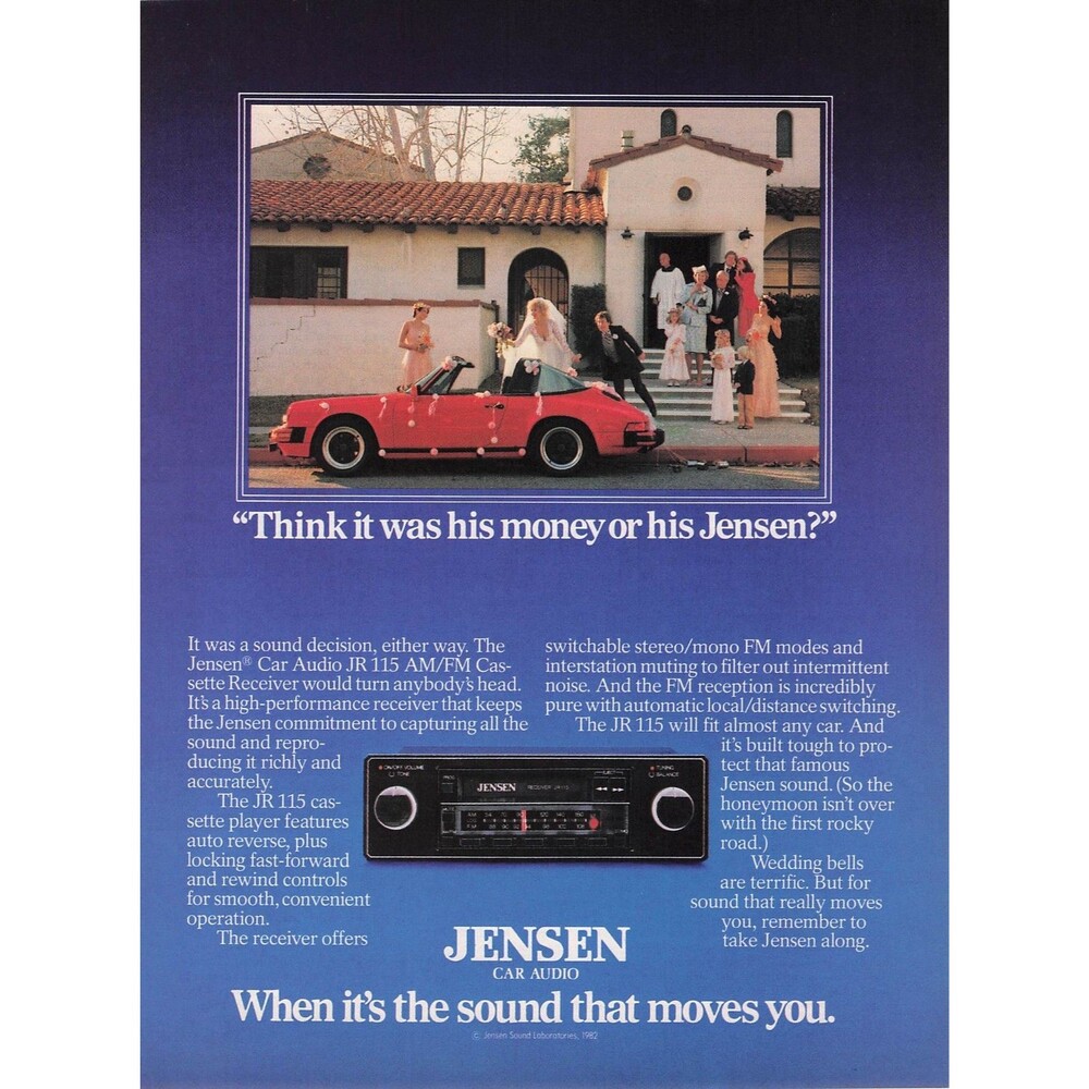 Vintage Jensen Car Audio JR 115 Cassette Receiver Ad Porsche 911 car wedding art